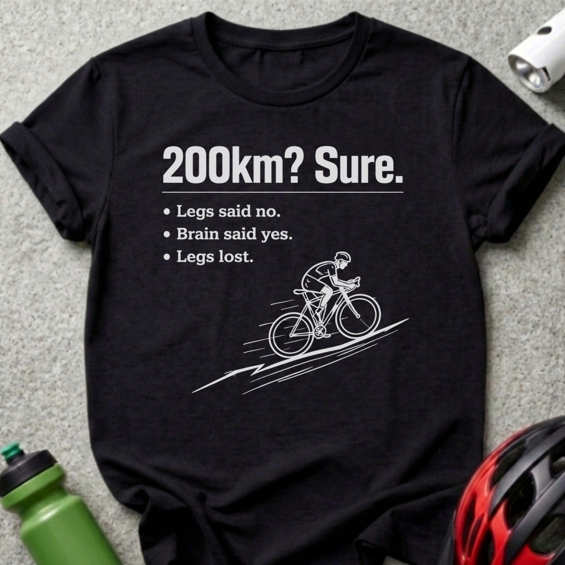 Black t-shirt with text and cyclist graphic.