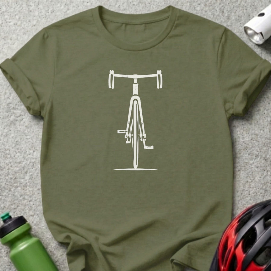 Olive green t-shirt with a white minimalist bicycle front view graphic.