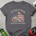 Gray t-shirt with "250 Years of Freedom One Long Ride Across America" text and bicyclist graphic.