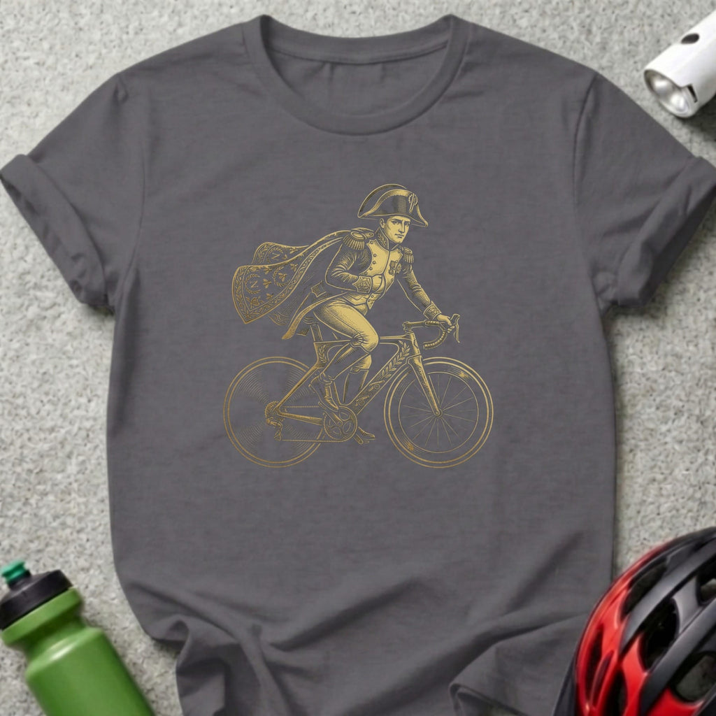 Illustration of Napoleon on a bicycle, printed on a dark grey t-shirt.