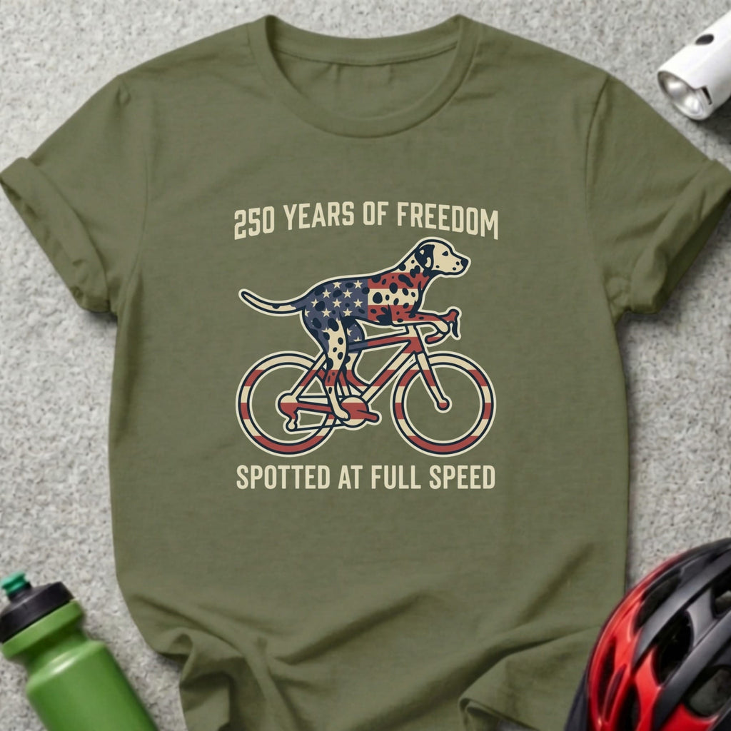 Dalmatian riding a bicycle with American flag design, text "250 Years of Freedom".