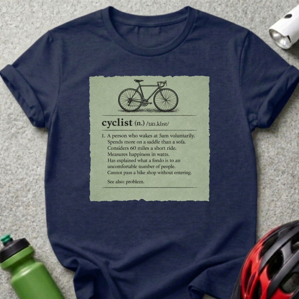 T-shirt with a bicycle graphic and humorous definition of "cyclist".