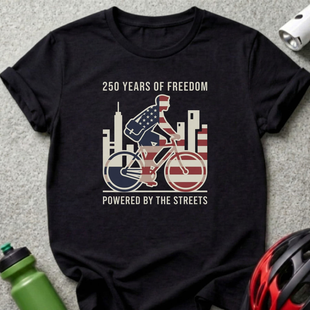 Black t-shirt with "250 Years of Freedom" and cyclist graphic.
