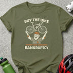 T-shirt with "Buy the Bike Worst Case Scenario: Bankruptcy" text and bicycle graphic.