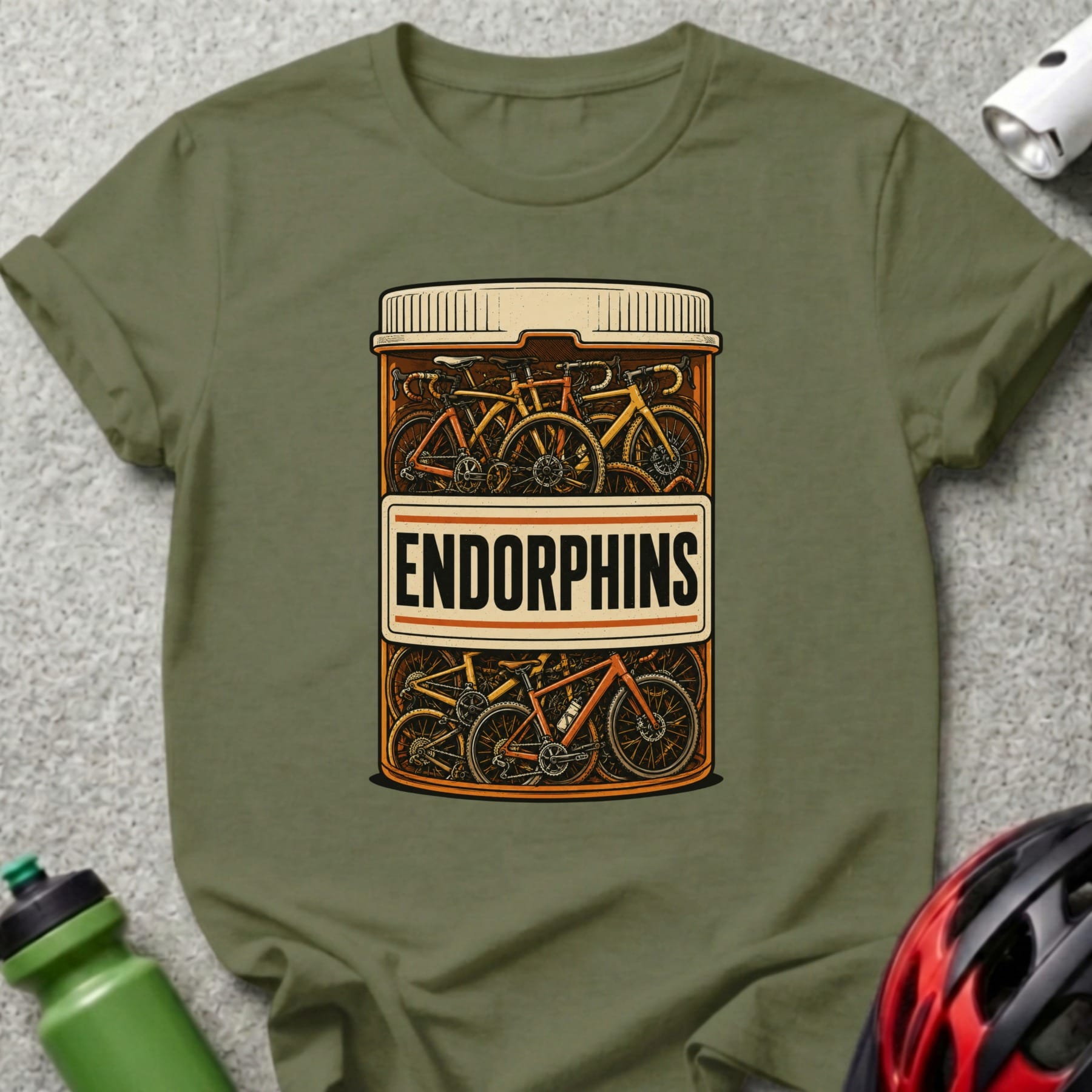 T-shirt graphic with bicycles inside a prescription bottle labeled "ENDORPHINS."