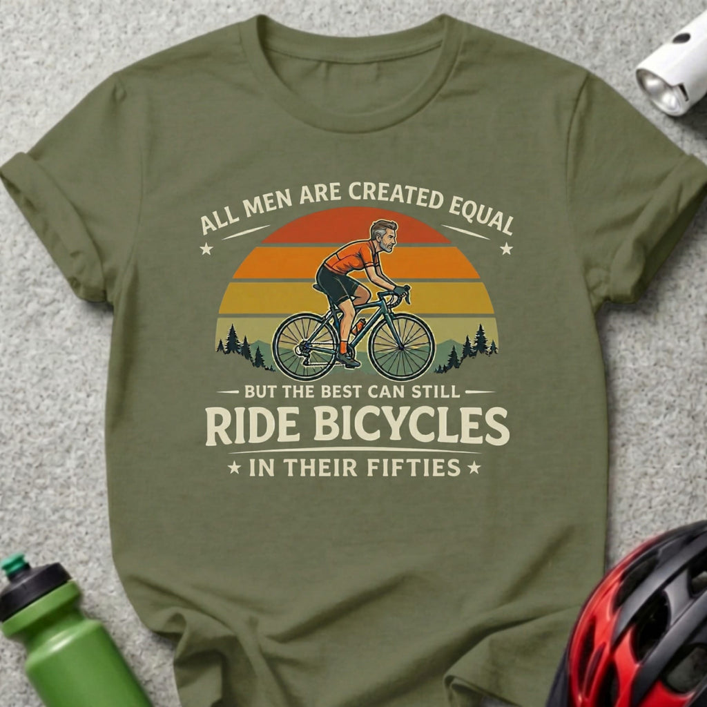 Olive green t-shirt with cyclist graphic and text about riding in fifties.
