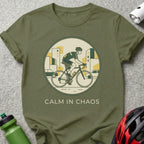 Cyclist in city graphic on olive green t-shirt with "CALM IN CHAOS" text.