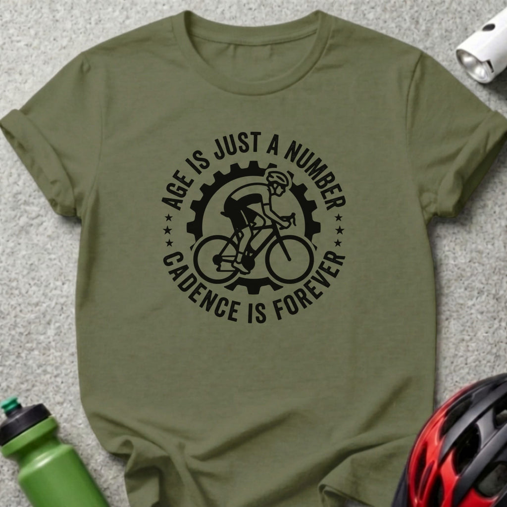 Olive green t-shirt with cyclist graphic and "Age is Just a Number, Cadence is Forever" text.