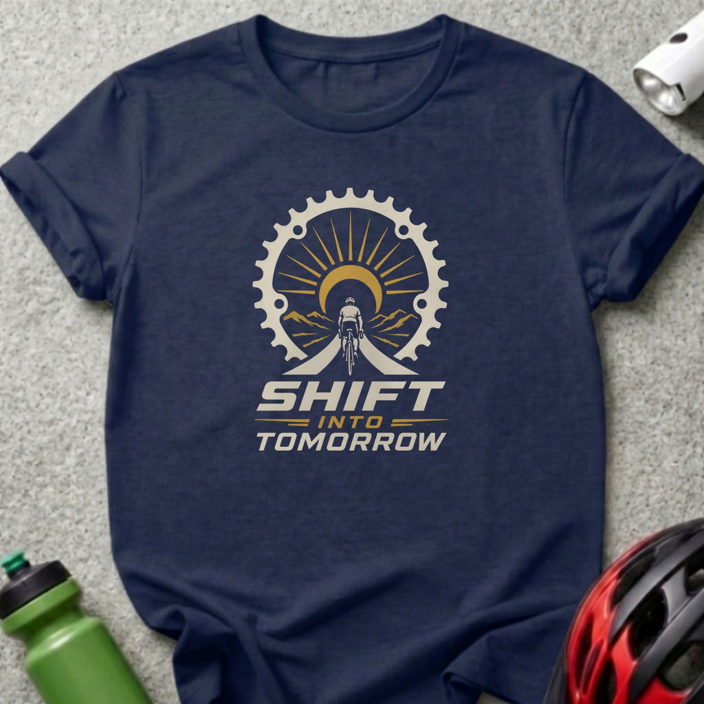 Navy t-shirt with a bicycle gear graphic and text "SHIFT INTO TOMORROW".