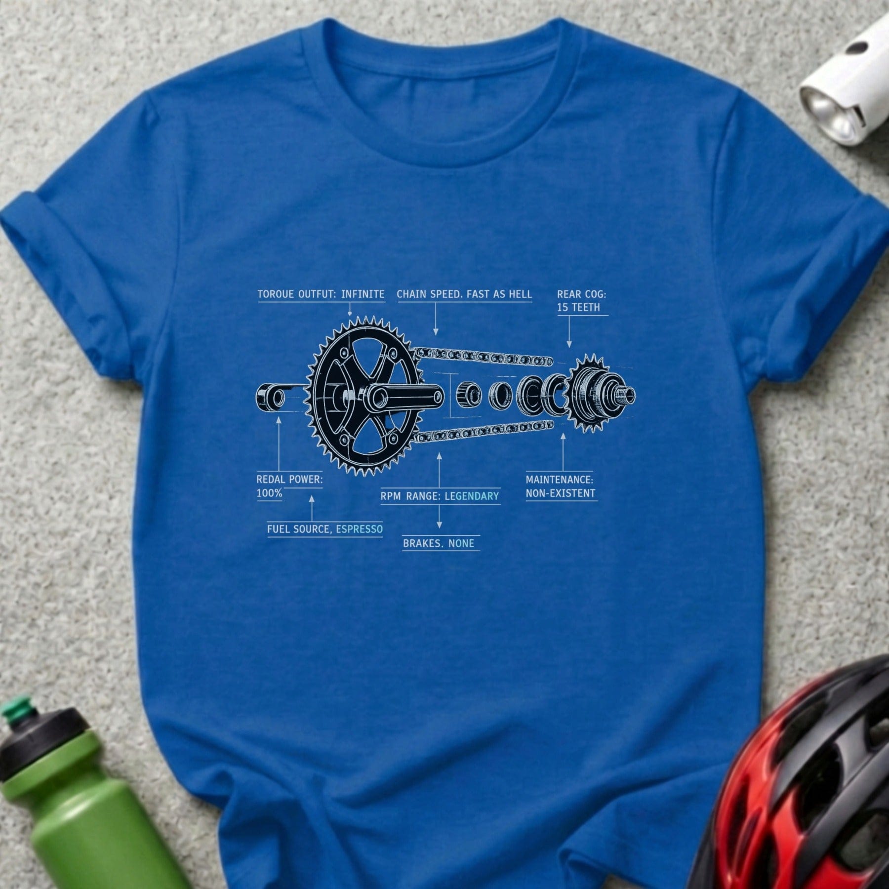 Blue T-Shirt with Bicycle Gear Diagram Print Shirt