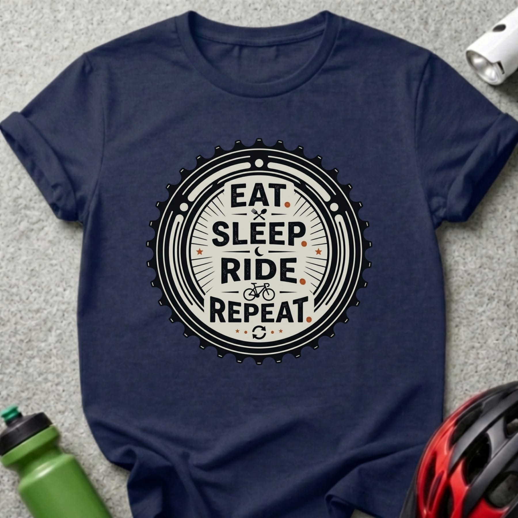 Navy t-shirt with circular design: Eat, Sleep, Ride, Repeat.