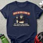 Navy t-shirt with "Went in for a tune-up" and bike graphic.