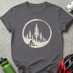 Cyclist in Forest T-Shirt with Unique Circle Design