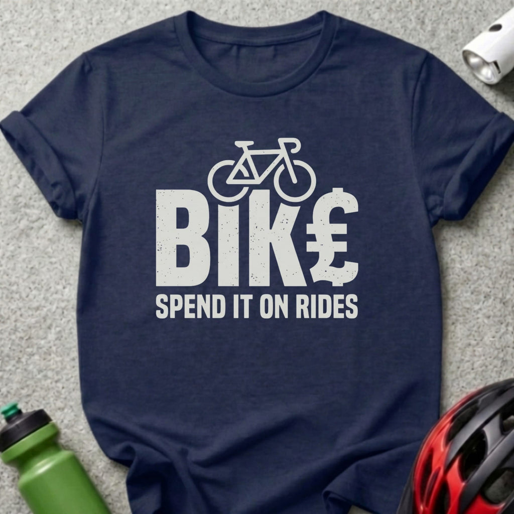 Dark blue t-shirt with "BIK€ SPEND IT ON RIDES" text and bicycle graphic.