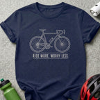 Navy t-shirt with white bicycle graphic and text "RIDE MORE. WORRY LESS."