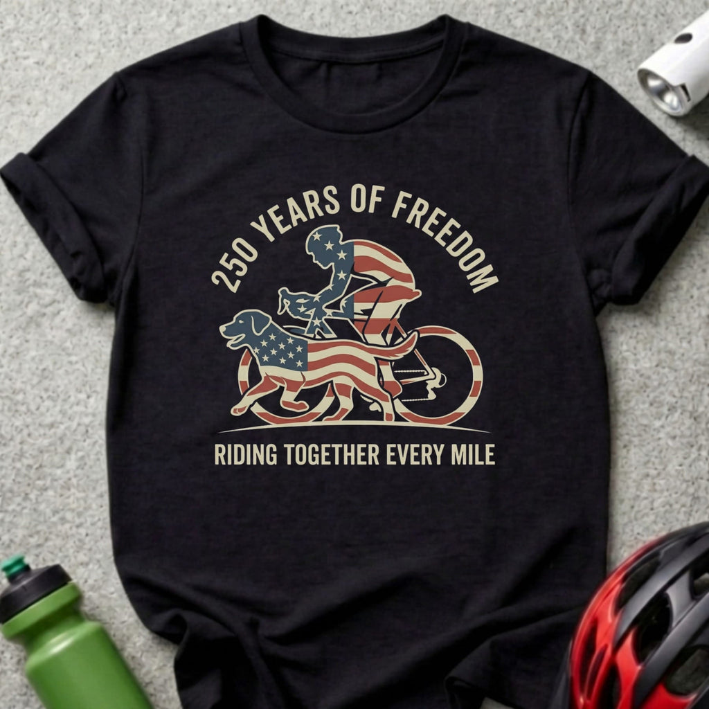 Black t-shirt with "250 Years of Freedom" and a cyclist with a dog.