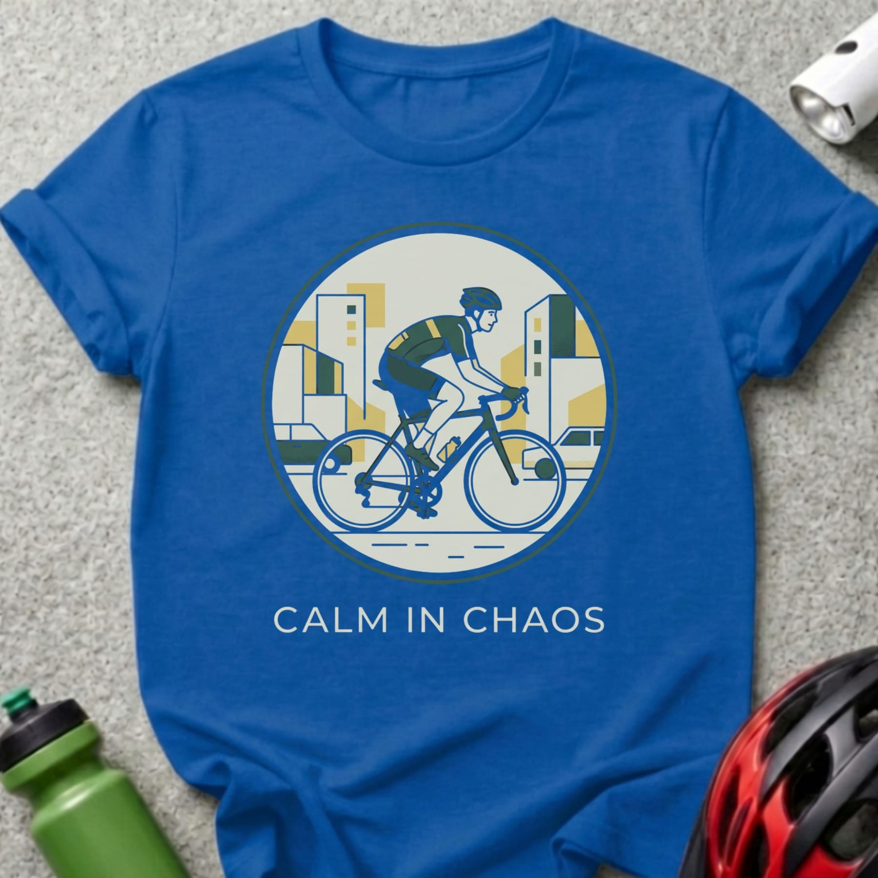 Blue t-shirt with cyclist graphic and "CALM IN CHAOS" text.