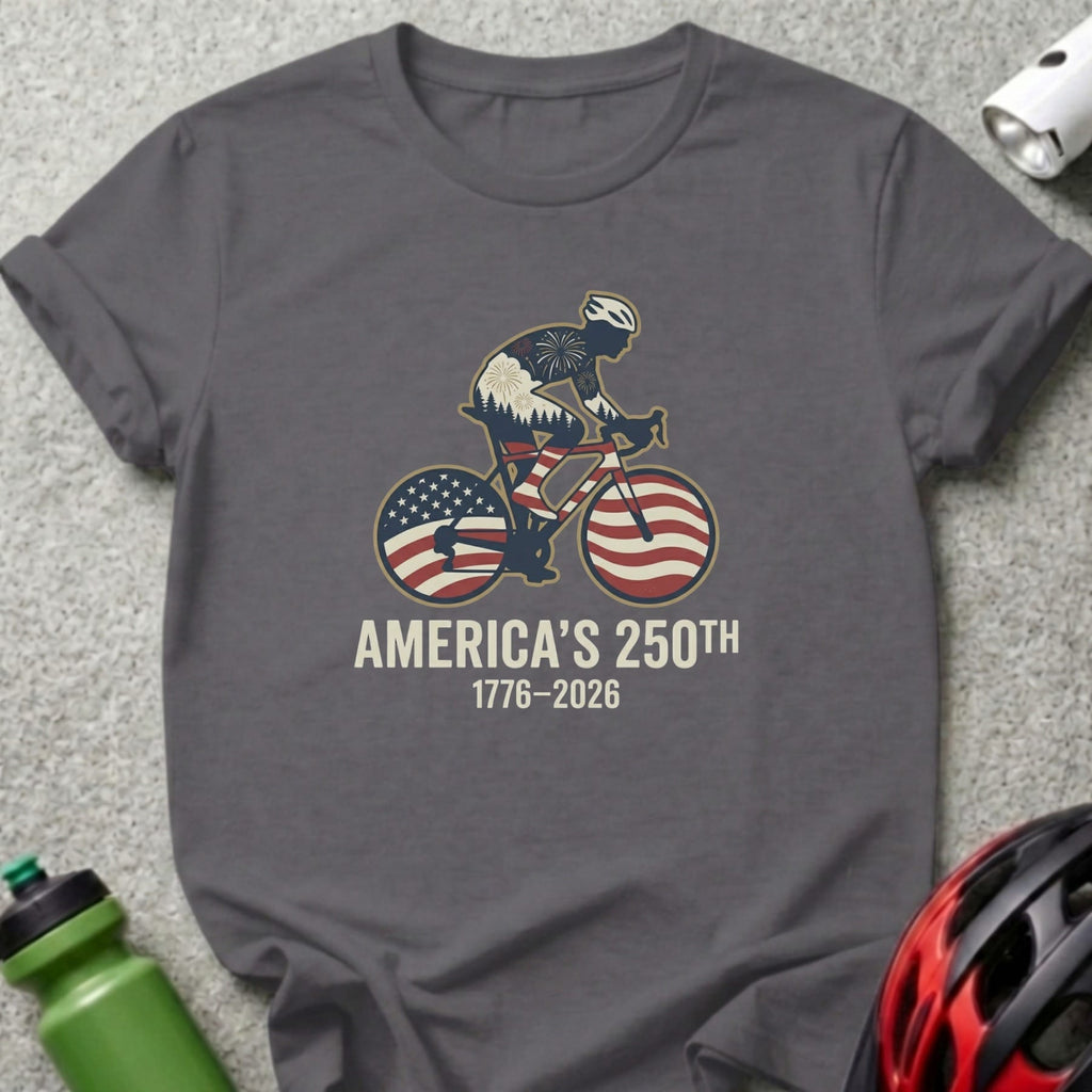 Gray t-shirt with cyclist design celebrating America's 250th anniversary.