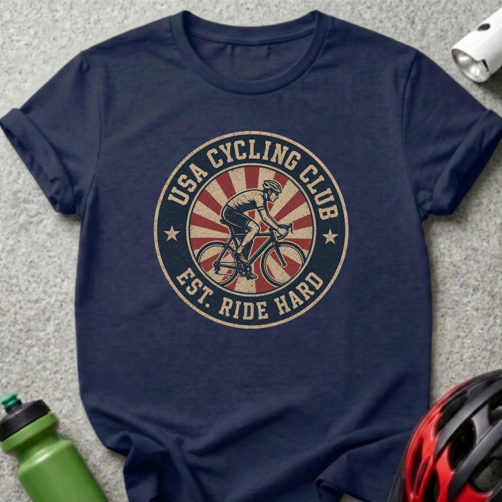 Dark navy t-shirt with a circular graphic for "USA Cycling Club Est. Ride Hard".