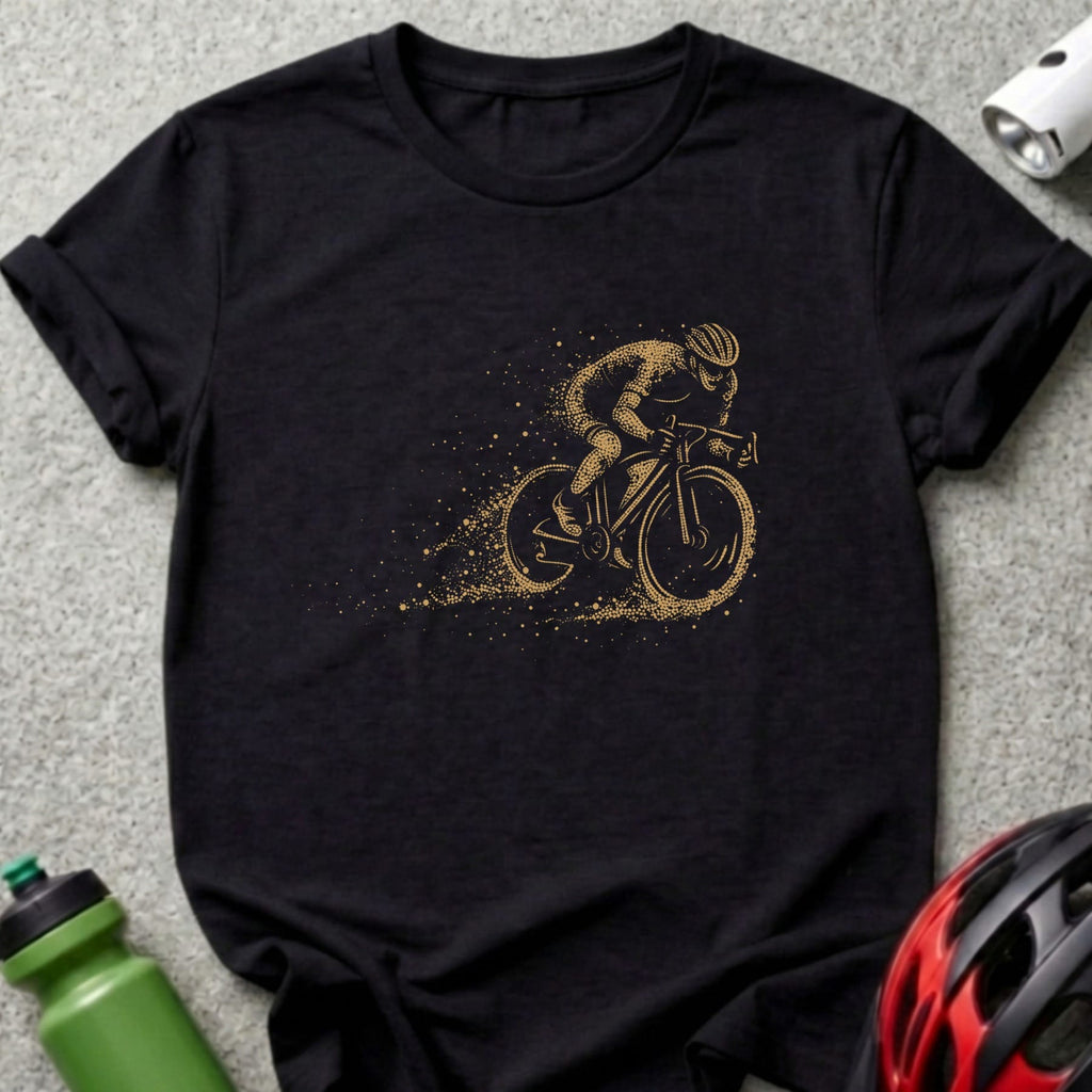 Black t-shirt with a gold dotted cyclist graphic in motion.