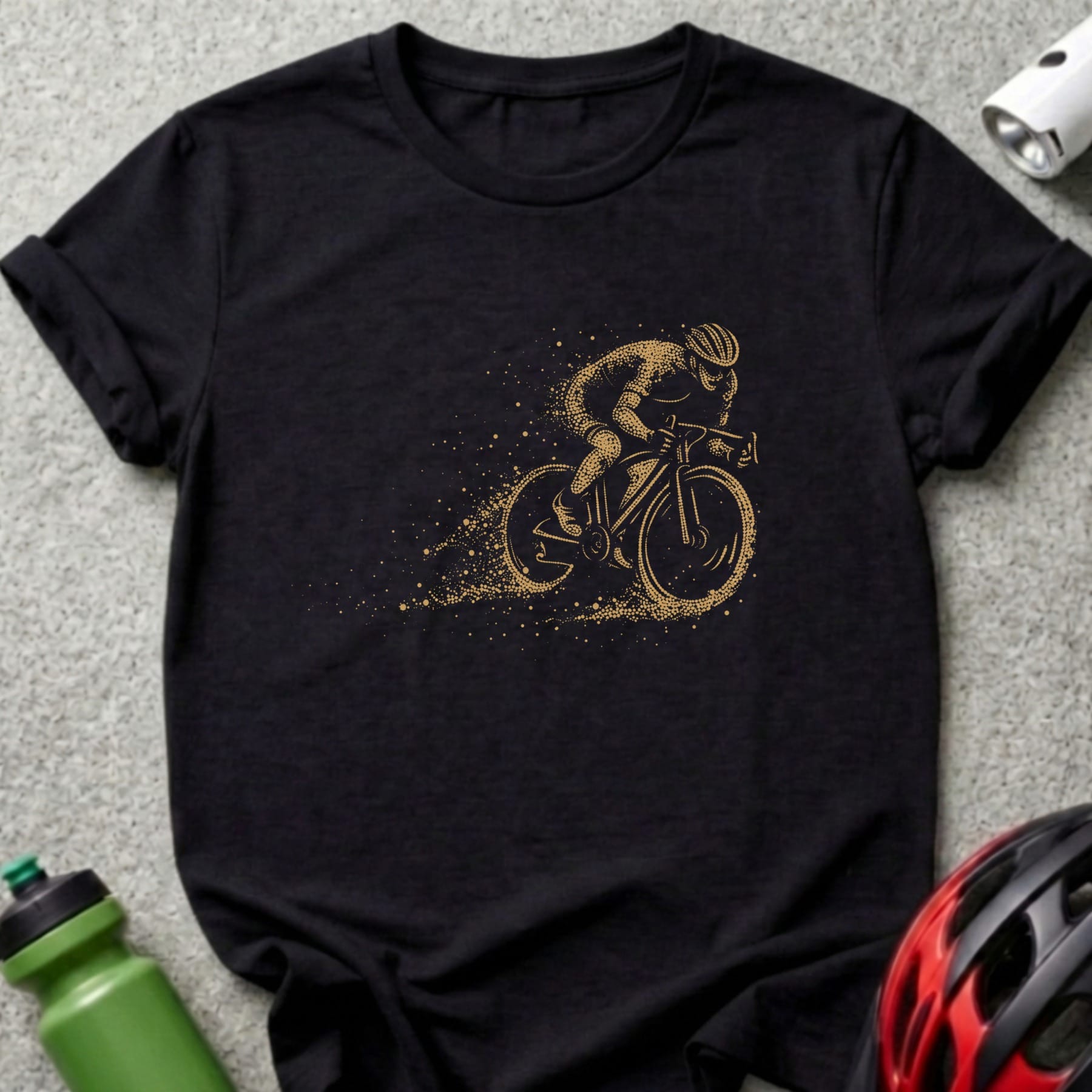 Black t-shirt with a gold dotted cyclist graphic in motion.