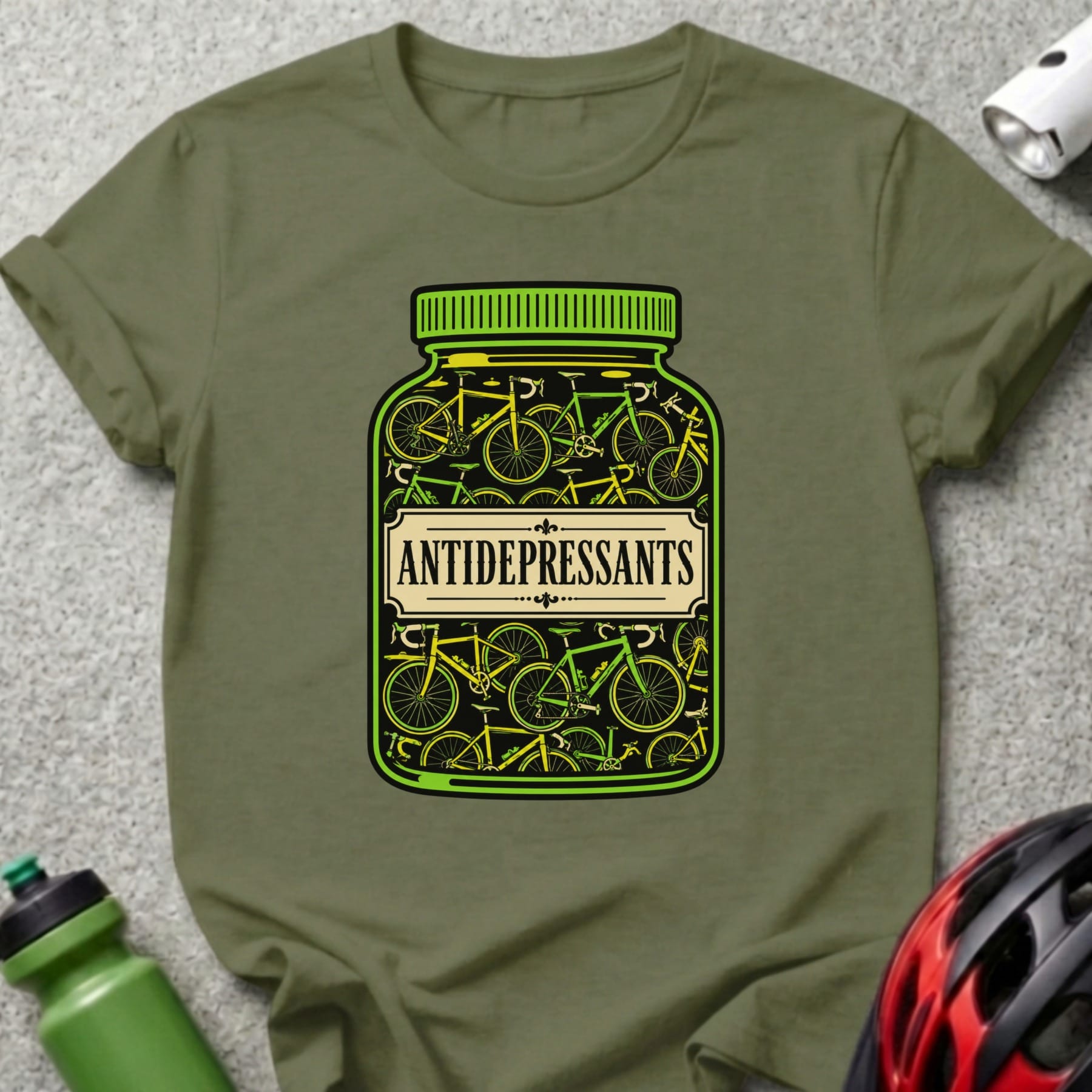 Green t-shirt with a bottle of "Antidepressants" filled with bicycles.