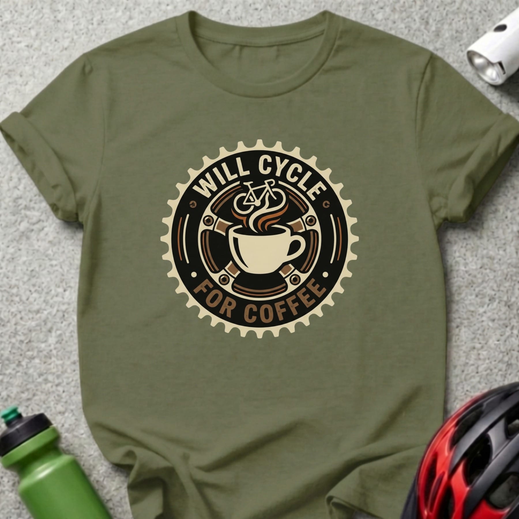 Olive green t-shirt with "Will Cycle For Coffee" text and bicycle gear graphic.