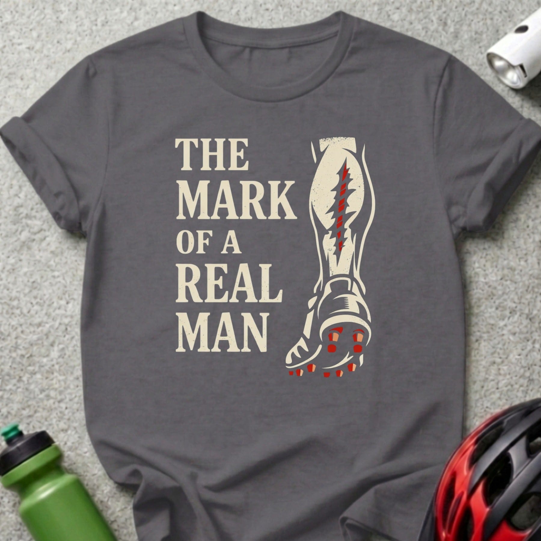 T-shirt with "The Mark of a Real Man" text and graphic of a running shoe.