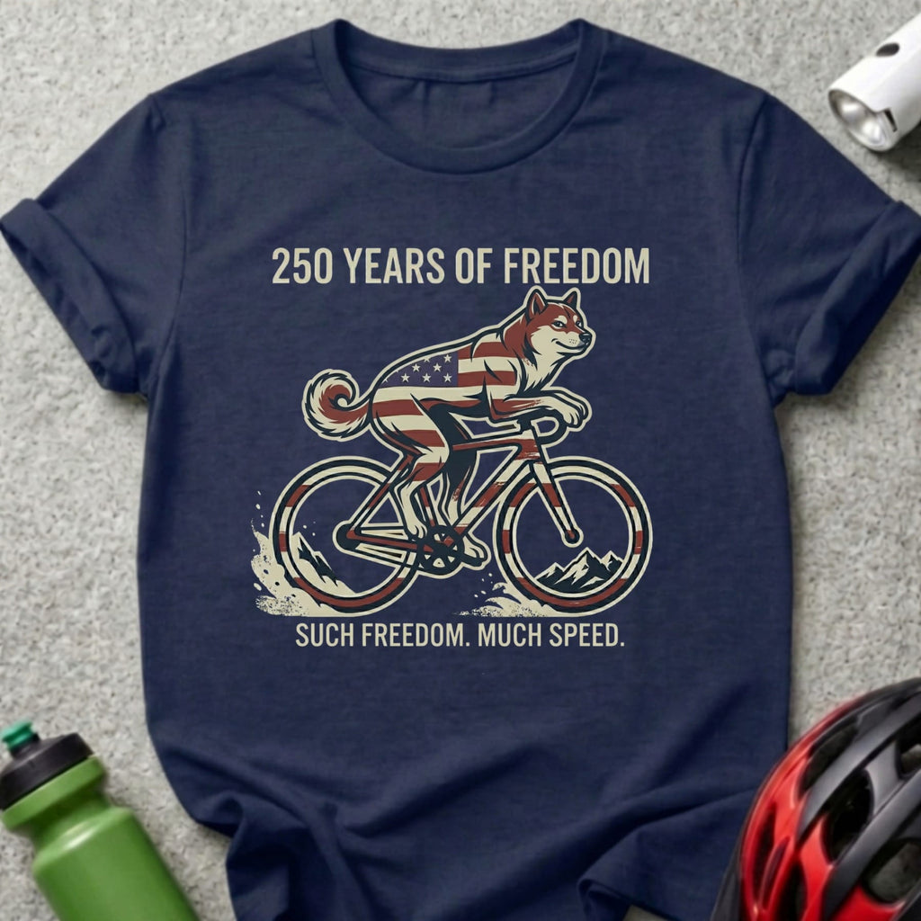 Shiba Inu dog wearing USA flag riding bicycle with text "250 YEARS OF FREEDOM. SUCH FREEDOM. MUCH SPEED."