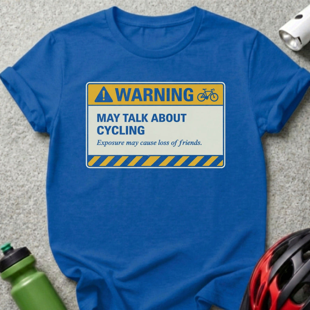 Blue t-shirt with a warning sign about cycling.