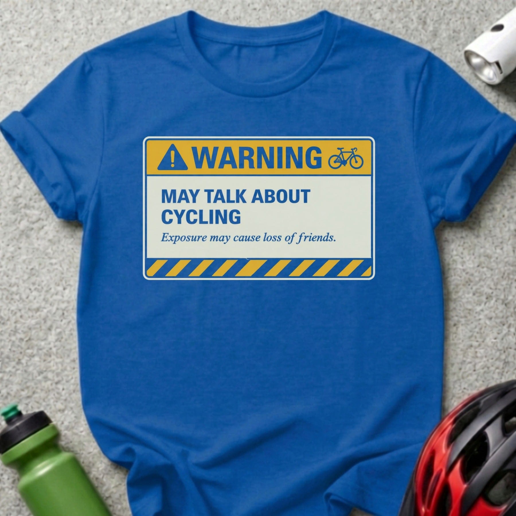 Blue t-shirt with a warning sign about cycling.