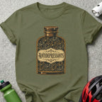 Olive green t-shirt with bottle labeled "Antidepressants" filled with bicycles.