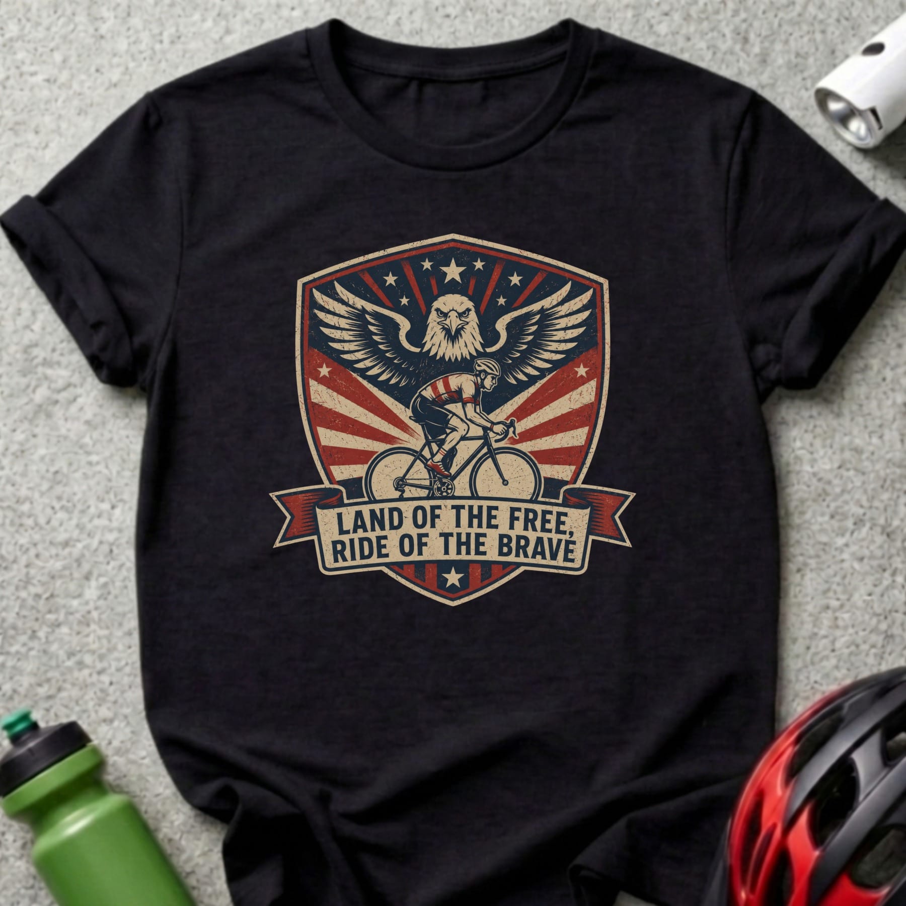 Black t-shirt with a shield graphic featuring an eagle and cyclist; text reads "Land of the Free, Ride of the Brave".