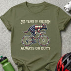 Dog wearing American flag cycling shirt, "250 Years of Freedom Always on Duty."