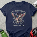 Navy t-shirt with flying dog on bicycle, 250 Years of Freedom text.