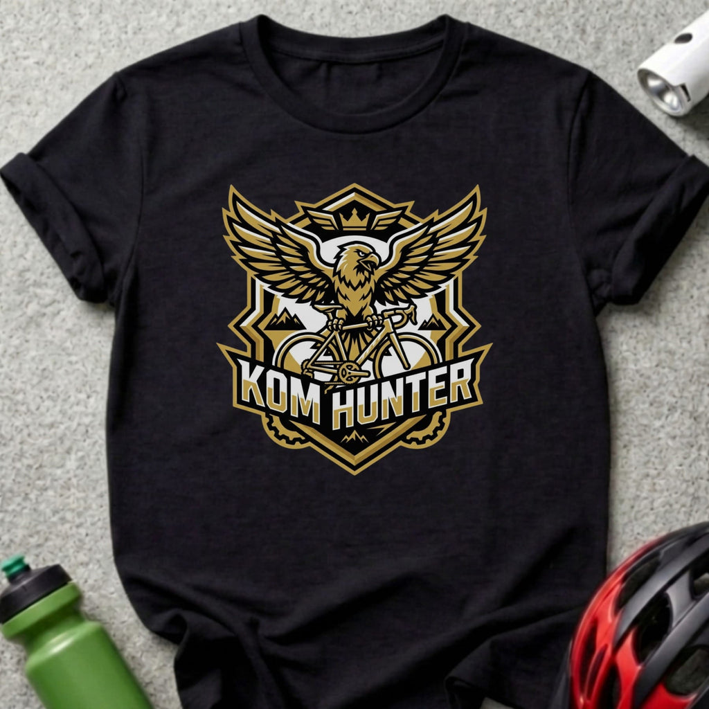 Black t-shirt featuring a gold and black "KOM Hunter" logo with an eagle and bicycle.