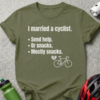 "I married a cyclist" text with bullet points and a bicycle icon.