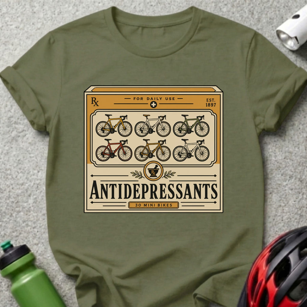 T-shirt with label "Antidepressants 30 Mini Bikes" and bicycle illustrations.