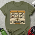 T-shirt with label "Antidepressants 30 Mini Bikes" and bicycle illustrations.