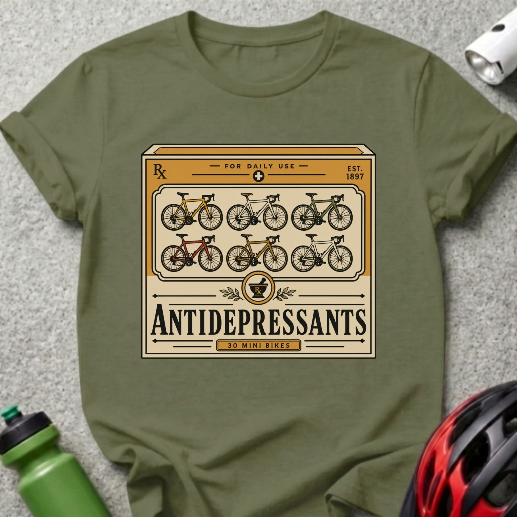T-shirt with label "Antidepressants 30 Mini Bikes" and bicycle illustrations.