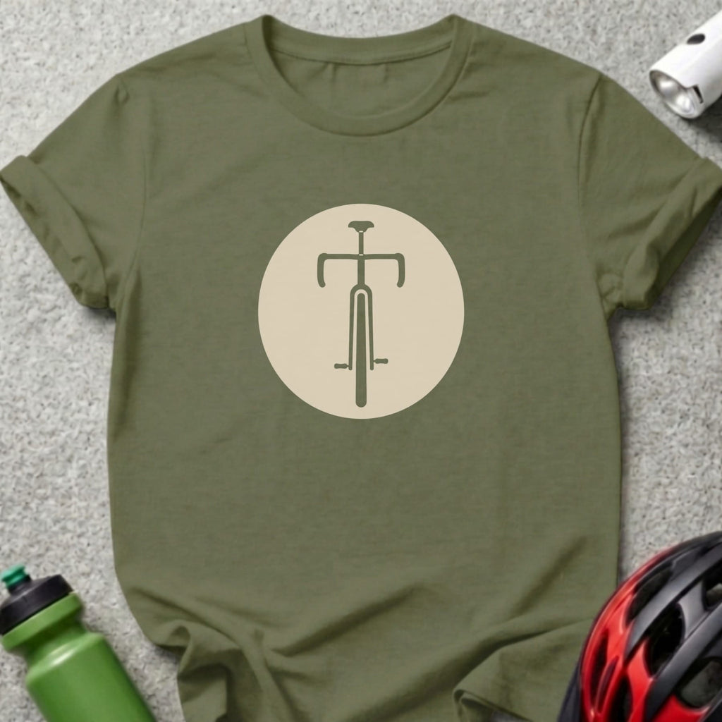 Olive t-shirt with a stylized bicycle front graphic in a beige circle.
