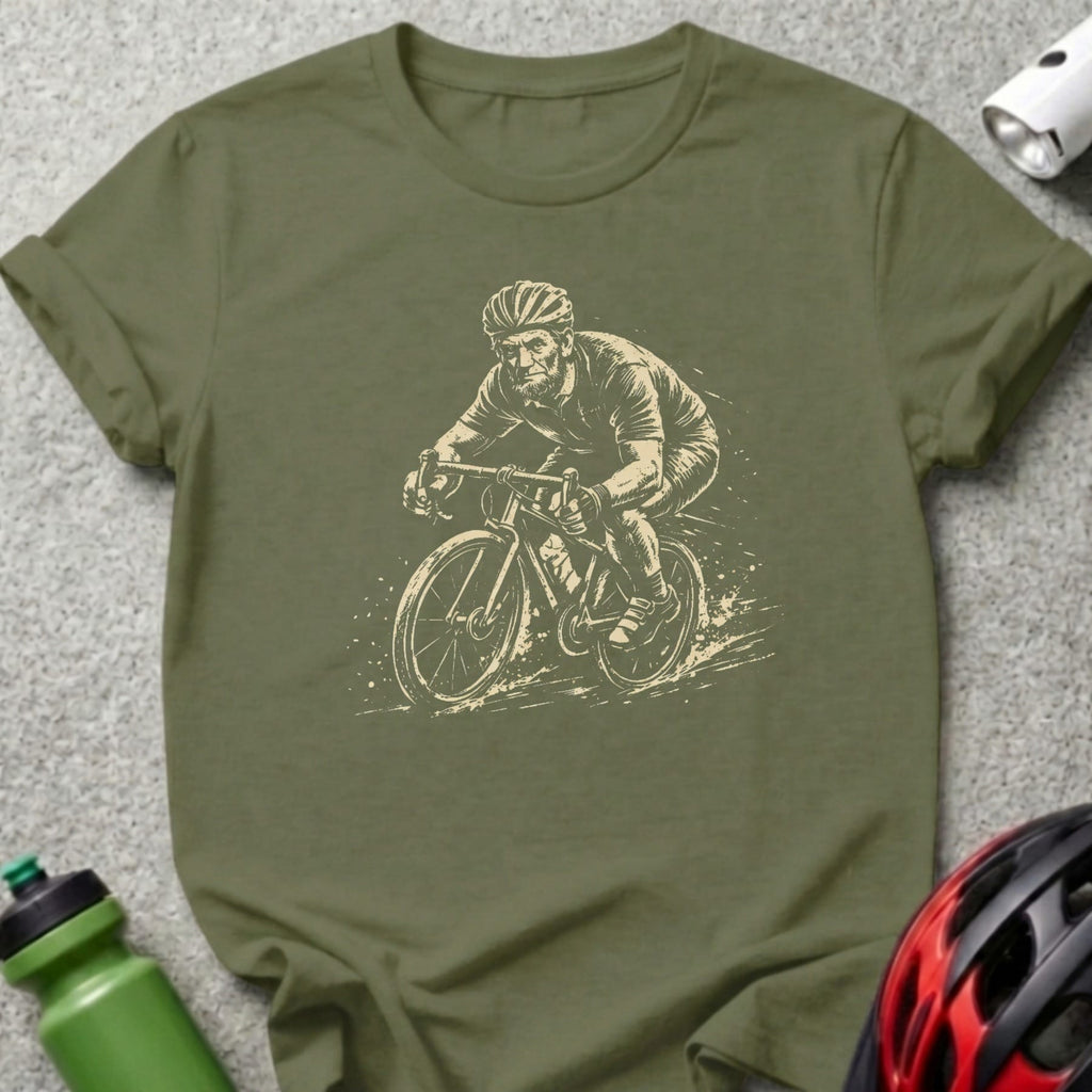 Sketch of a cyclist wearing a helmet riding a bicycle through water.