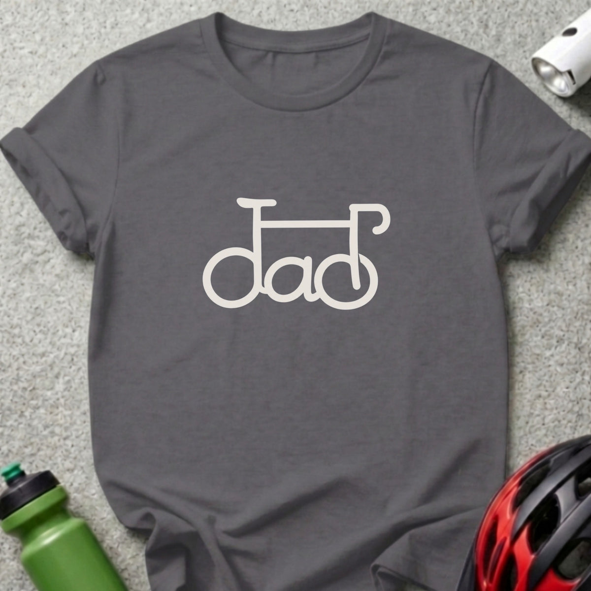 A dark gray crewneck t-shirt featuring a white graphic that spells dad with bicycle parts.