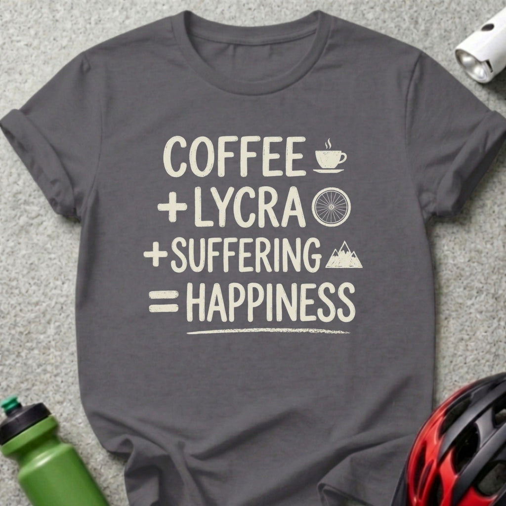 T-shirt with "Coffee + Lycra = Happiness" text and cycling graphics.