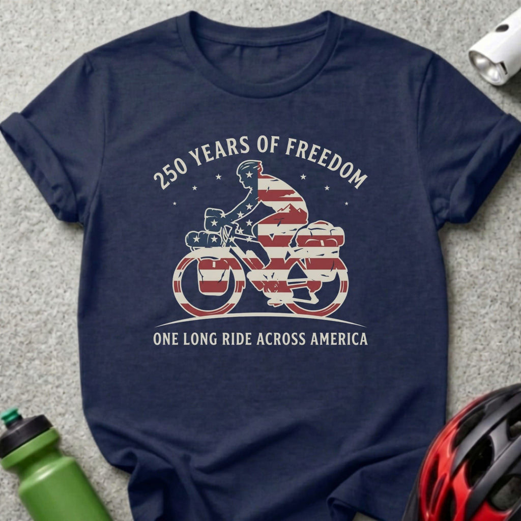 Navy t-shirt with cyclist graphic, "250 Years of Freedom" and "One Long Ride Across America".