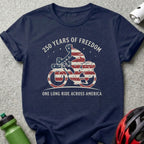 Navy t-shirt with cyclist graphic, "250 Years of Freedom" and "One Long Ride Across America".