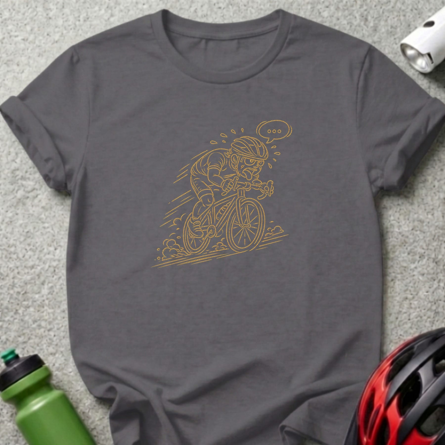 Yellow dotted outline of a cyclist on a bike with a speech bubble.