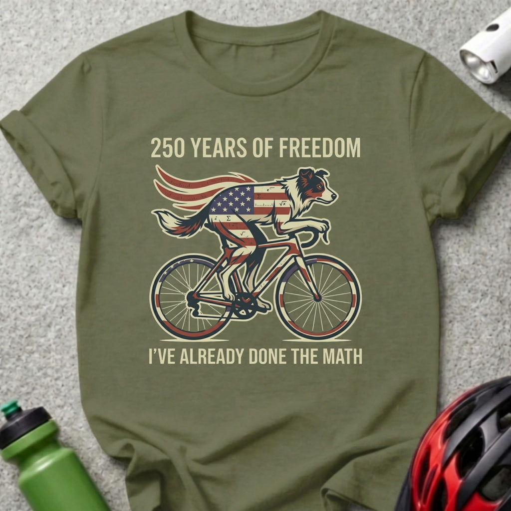 Green t-shirt with dog on bicycle and "250 Years of Freedom" text.
