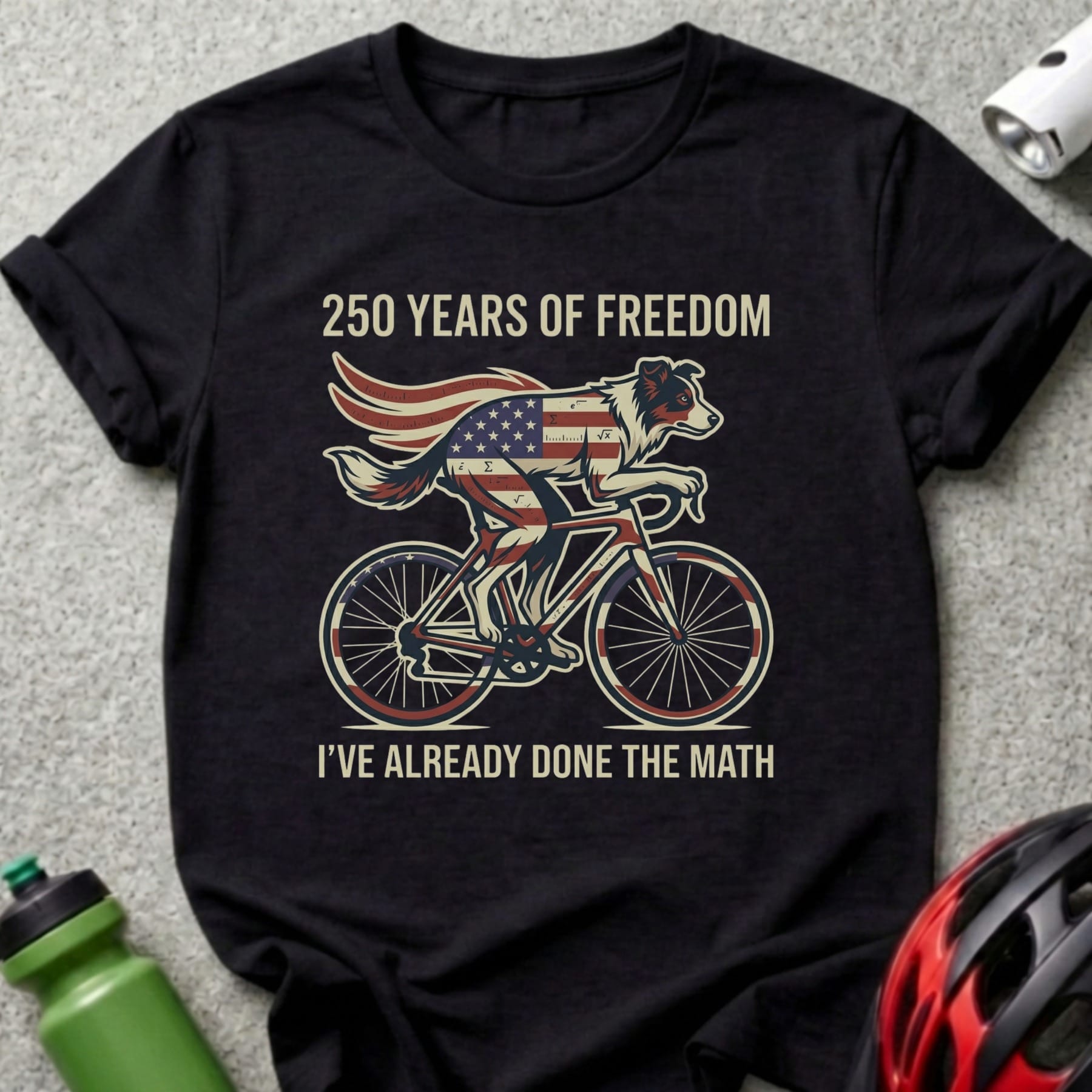 Black t-shirt with dog on bicycle, American flag wings, and text.
