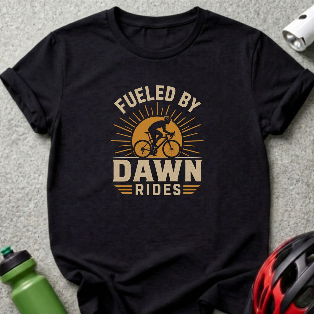 Black t-shirt with "Fueled by Dawn Rides" text and a cyclist silhouette.